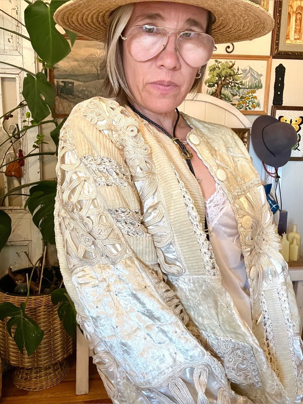 Vintage cream velvet and crochet patchwork jacket featuring ornate lace applique